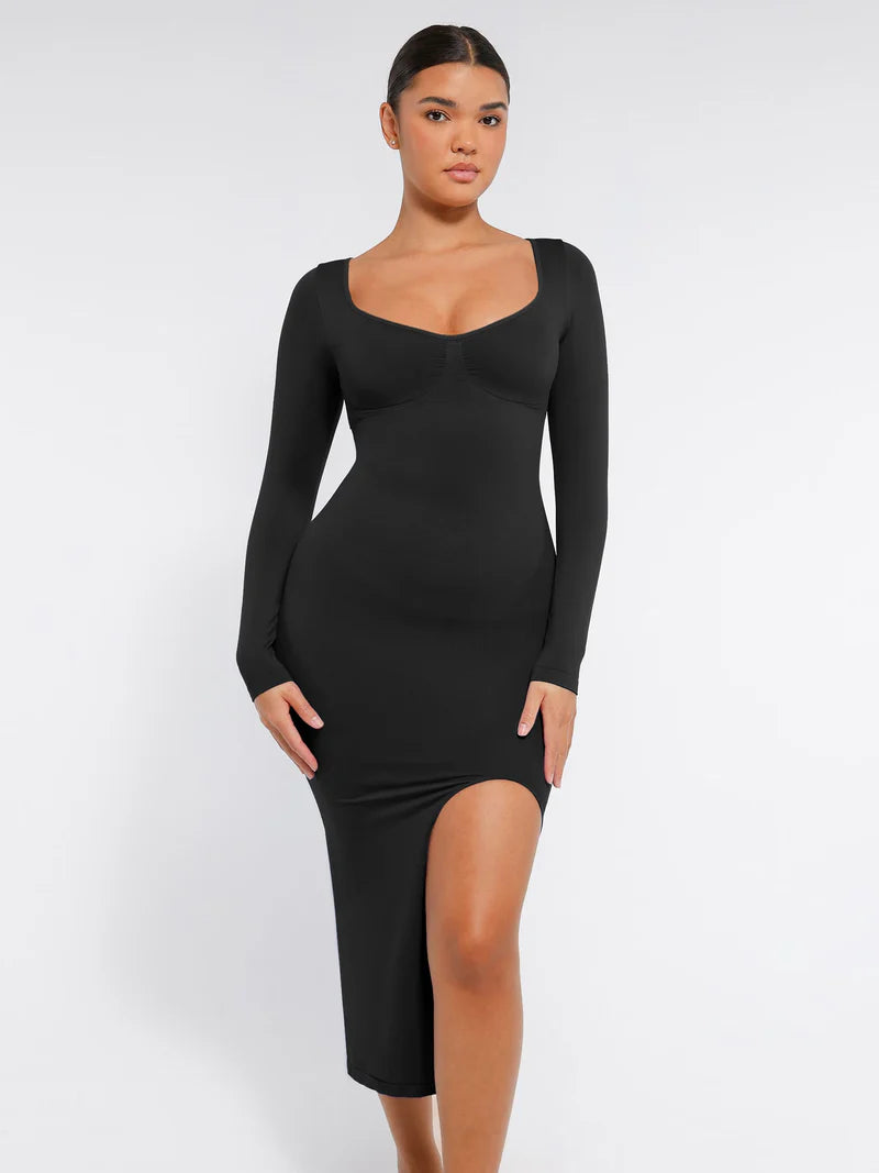 Madella Seamless Long Sleeve Shaper Dress with Removable Pads and High Slit