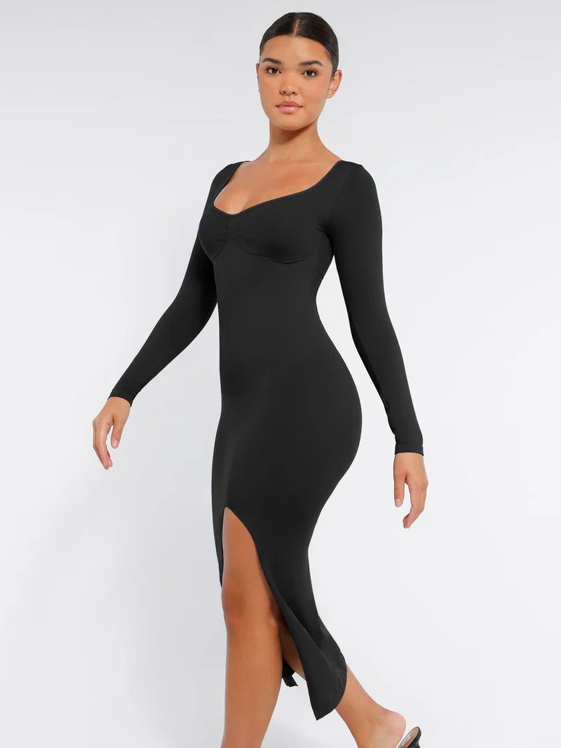 Madella Seamless Long Sleeve Shaper Dress with Removable Pads and High Slit
