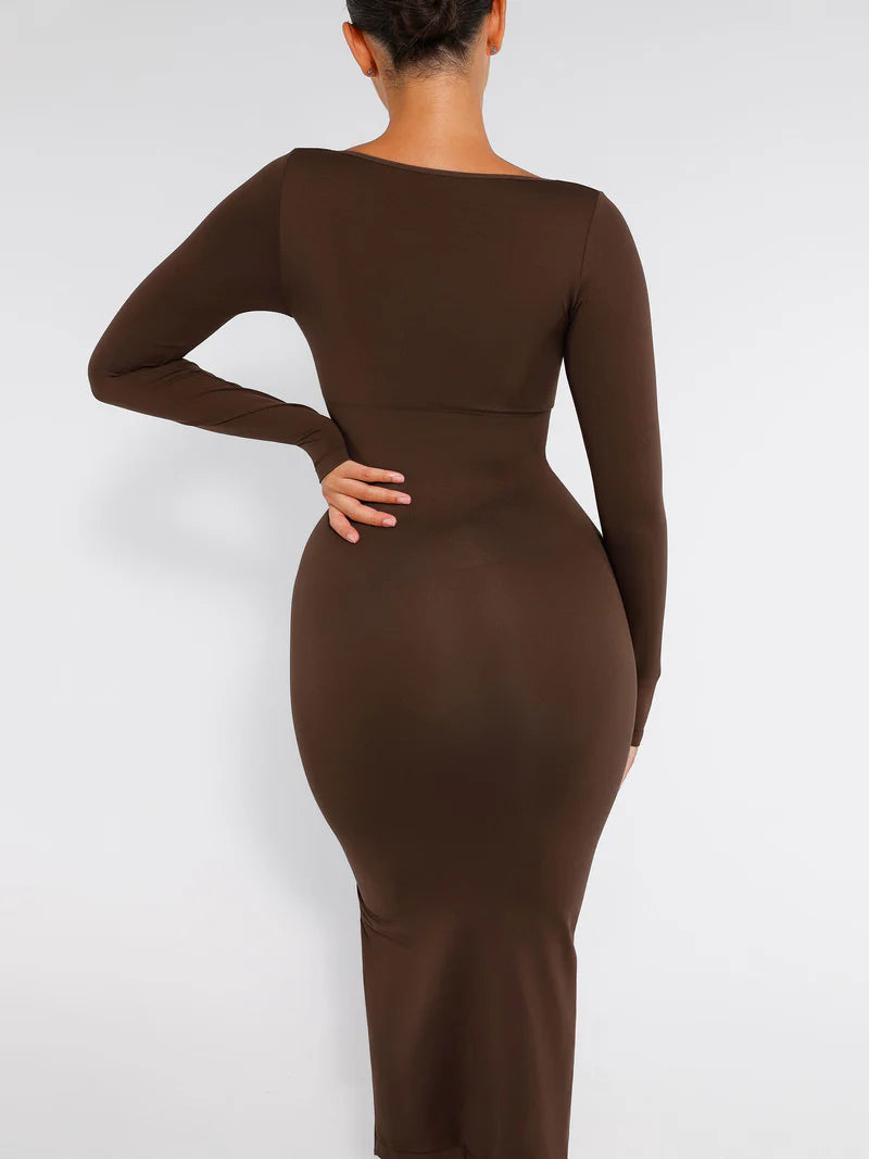 Madella Seamless Long Sleeve Shaper Dress with Removable Pads and High Slit