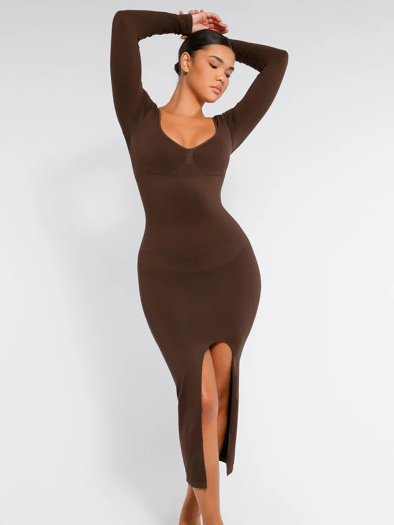 Madella Seamless Long Sleeve Shaper Dress with Removable Pads and High Slit