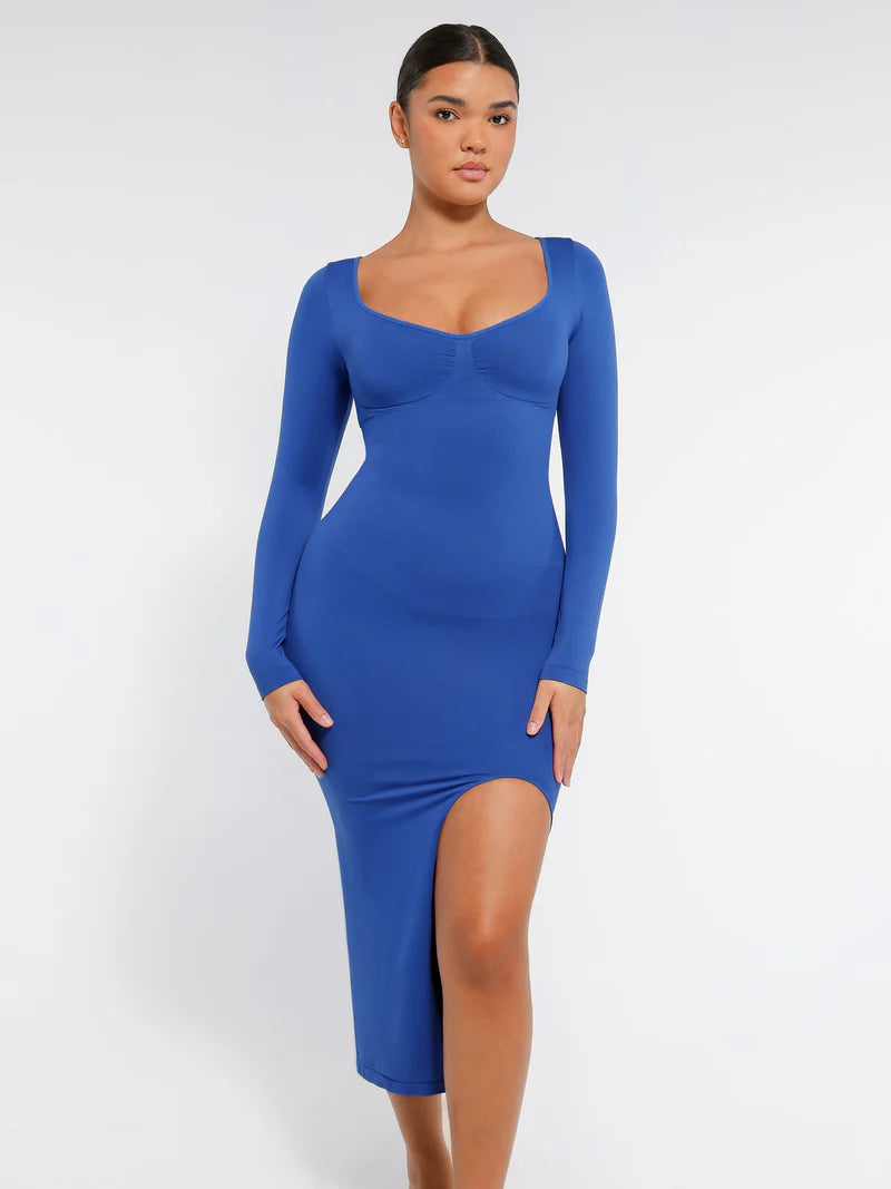 Madella Seamless Long Sleeve Shaper Dress with Removable Pads and High Slit